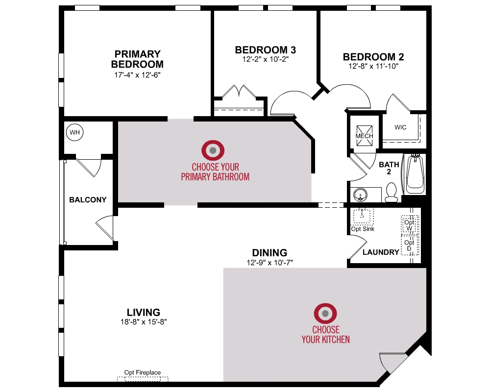 1st Floor of floorplan of Sherwyn with 3 bedrooms and 2 bathrooms. Gray color shown represents Room Choice options.