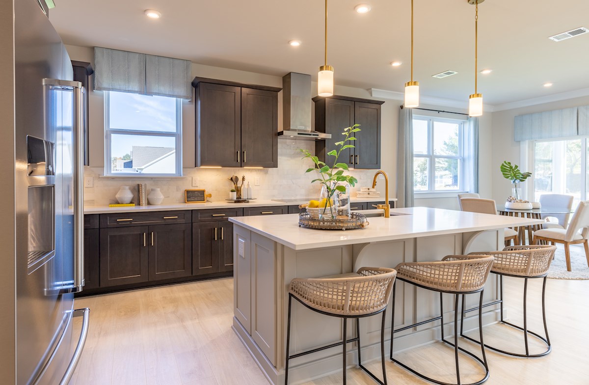 kitchen with gold pendant lights