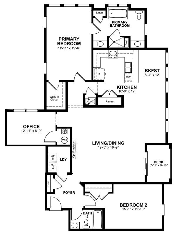 1st Floor of floorplan of Dogwood with 2 bedrooms and 2 bathrooms. Gray color shown represents Room Choice options.