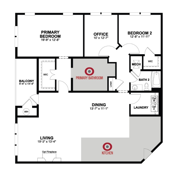 1st Floor of floorplan of Sherwood with 2 bedrooms and 2 bathrooms. Gray color shown represents Room Choice options.
