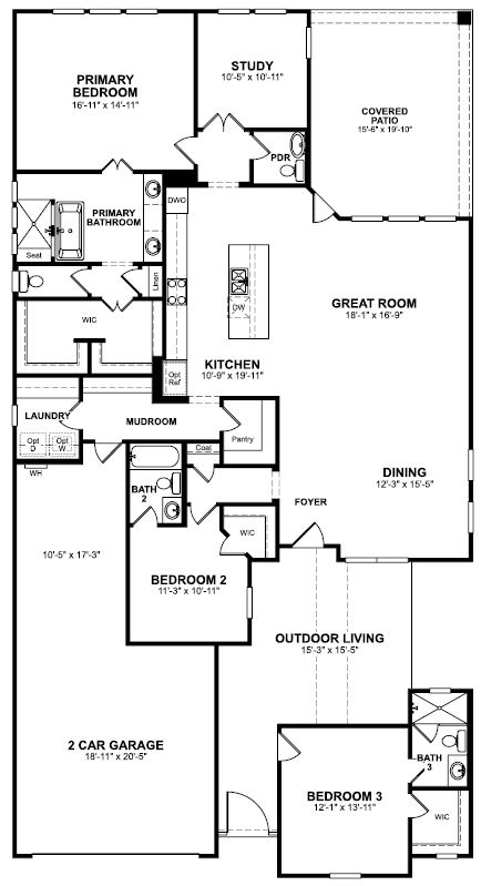 1st Floor floorplan of Valencia with 3 bedrooms and 2.5 bathrooms. Gray color shown represents Room Choice options.