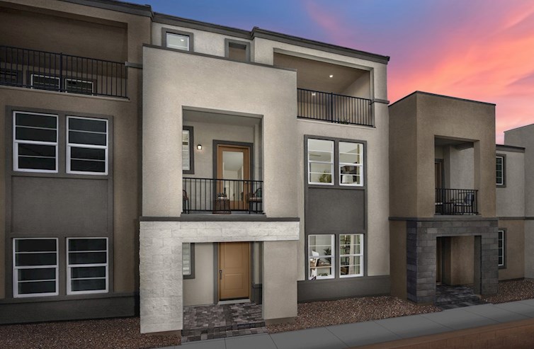 three-story townhome with covered balcony
