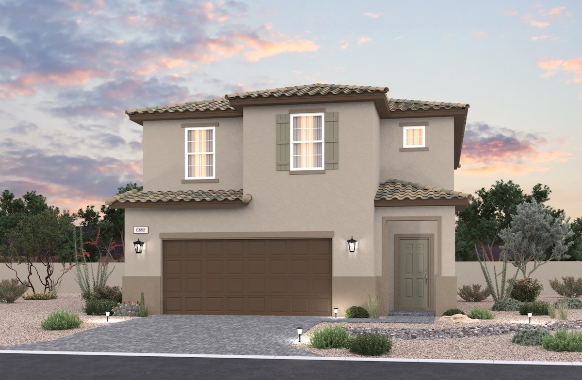 exterior with desert landscaping and brown garage