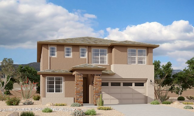 two-story floorplan with stone on pillars and walk-through of model home