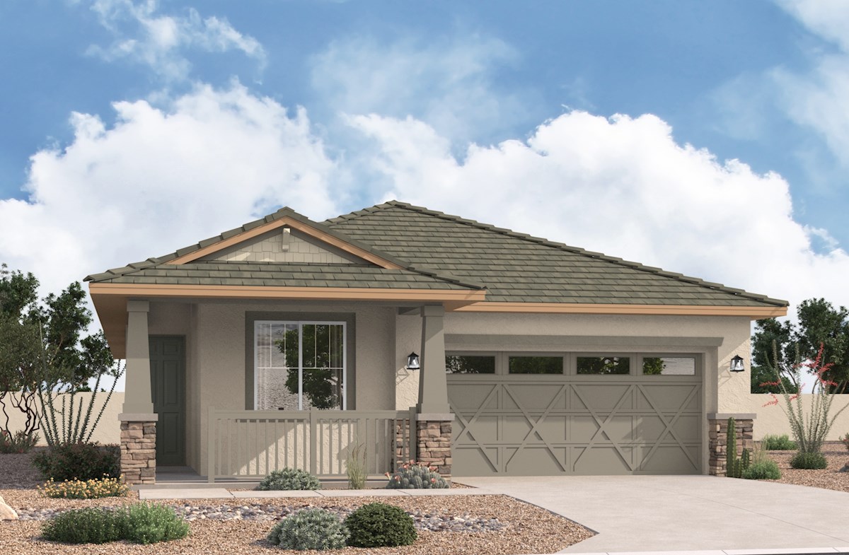 single-story exterior rendering with 2-car garage