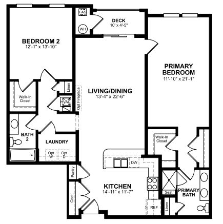 1st Floor of floorplan of Aspen with 2 bedrooms and 2 bathrooms. Gray color shown represents Room Choice options.