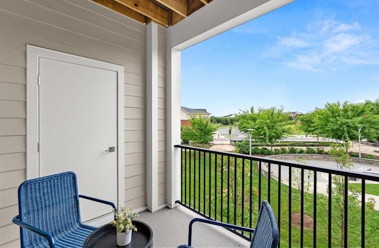 Chestnut covered rear deck with views of greenery and park and access to mechanical room