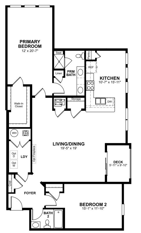 1st Floor of floorplan of Denmark with 2 bedrooms and 2 bathrooms. Gray color shown represents Room Choice options.