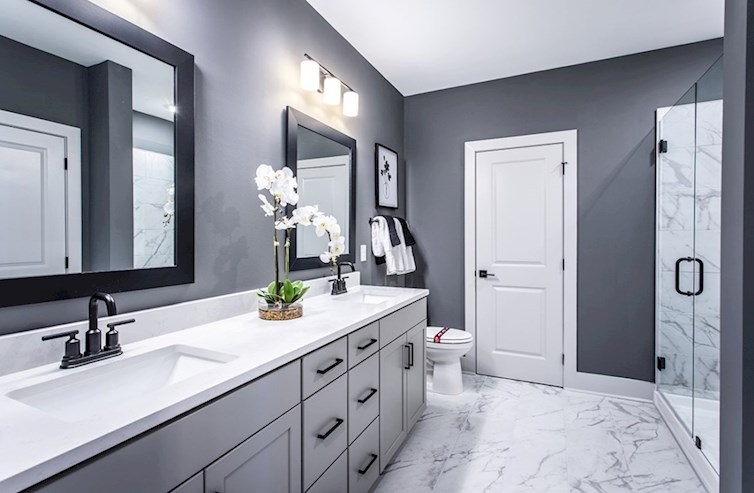 Sherwood primary bathroom with gray accents & separate shower & tub