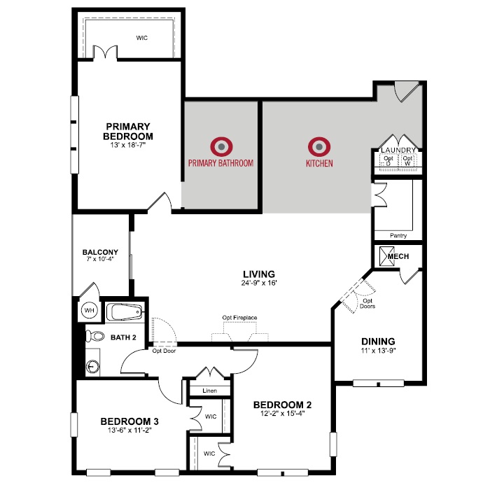 1st Floor of floorplan of Wiltshire with 3 bedrooms and 2 bathrooms. Gray color shown represents Room Choice options.