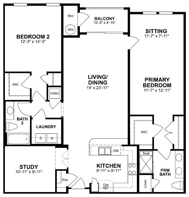 1st Floor of floorplan of Bradford with 2 bedrooms and 2 bathrooms. Gray color shown represents Room Choice options.