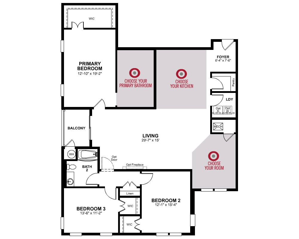 1st Floor of floorplan of Wiltshire with 3 bedrooms and 2 bathrooms. Gray color shown represents Room Choice options.