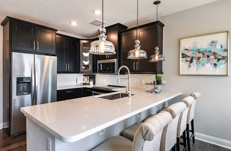 Dogwood chef-inspired kitchen with dark cabinets and stainless appliances