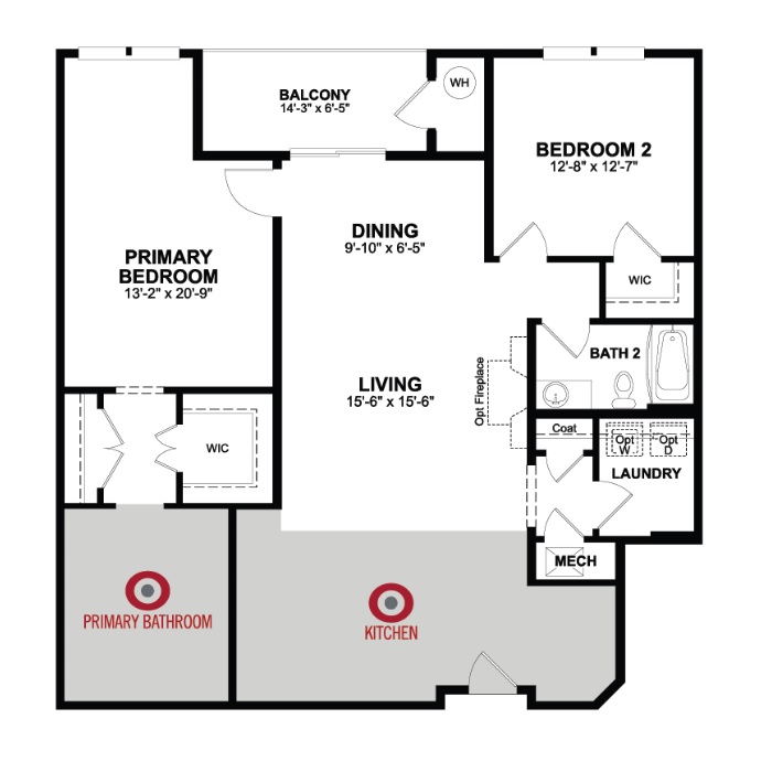 1st Floor of floorplan of Clifton with 2 bedrooms and 2 bathrooms. Gray color shown represents Room Choice options.