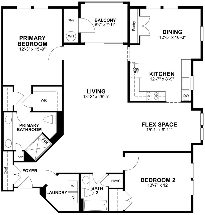 1st Floor of floorplan of Chestnut with 2 bedrooms and 2 bathrooms. Gray color shown represents Room Choice options.