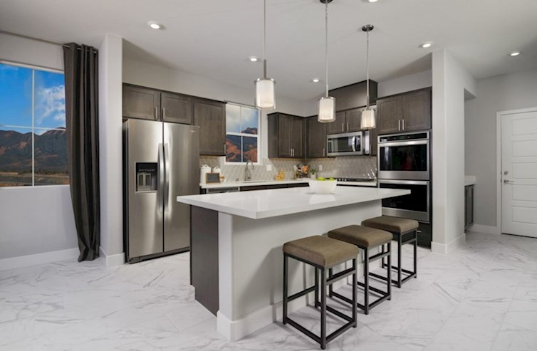 Valencia kitchen with dark cabinets and stainless steel appliances