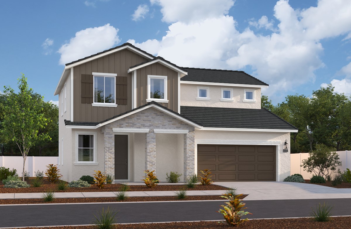 rendering of two-story home with brown garage door