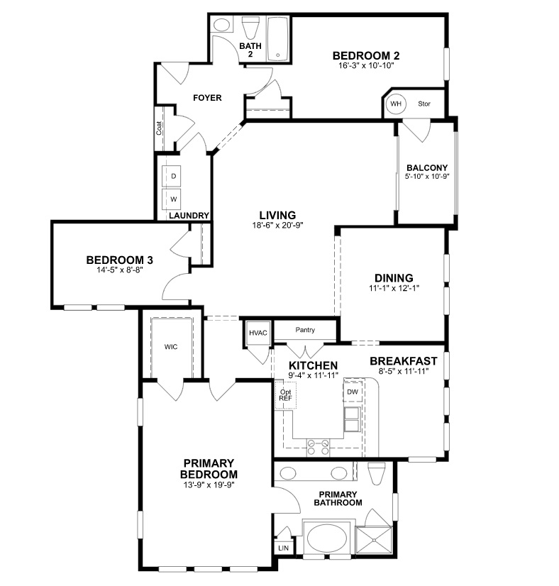 1st Floor of floorplan of Dogwood with 3 bedrooms and 2 bathrooms. Gray color shown represents Room Choice options.