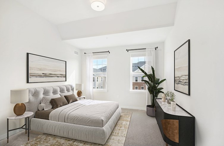 Austin carpeted bedroom featuring extended ceiling with flush-mounted light and two double hung windows