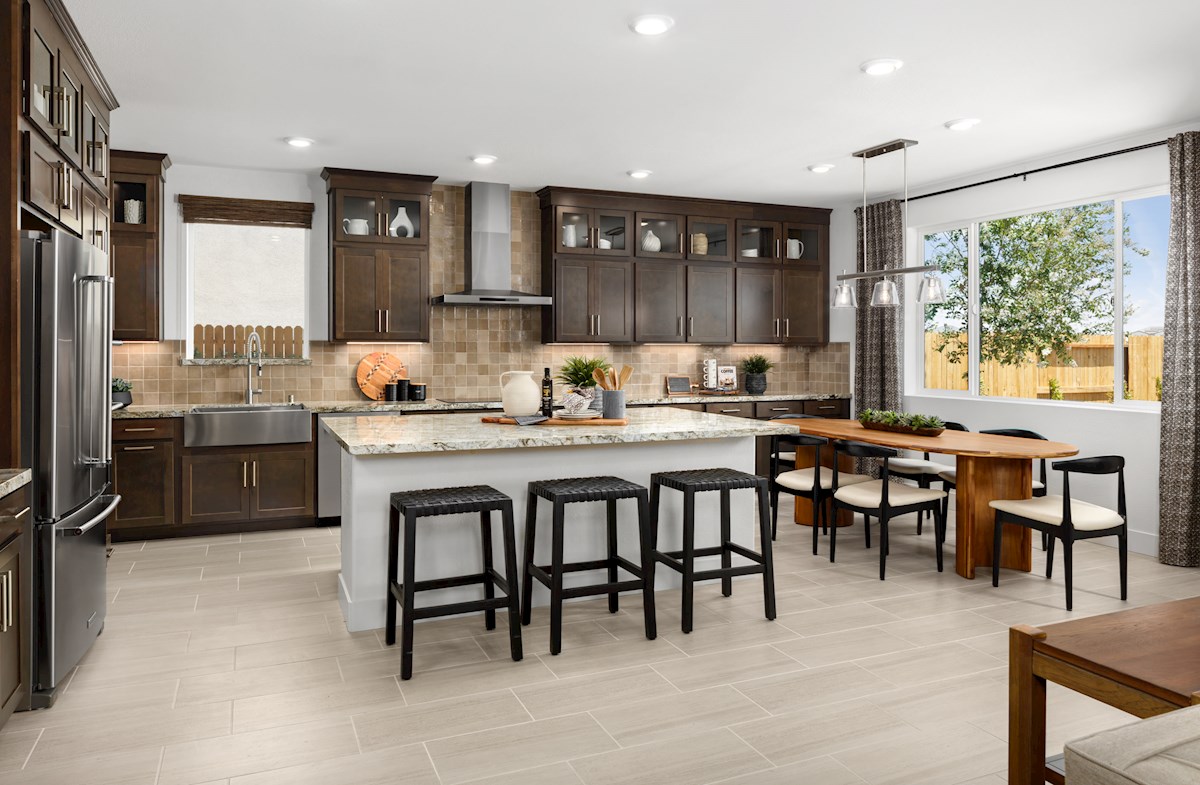 kitchen with espresso cabinets, and island