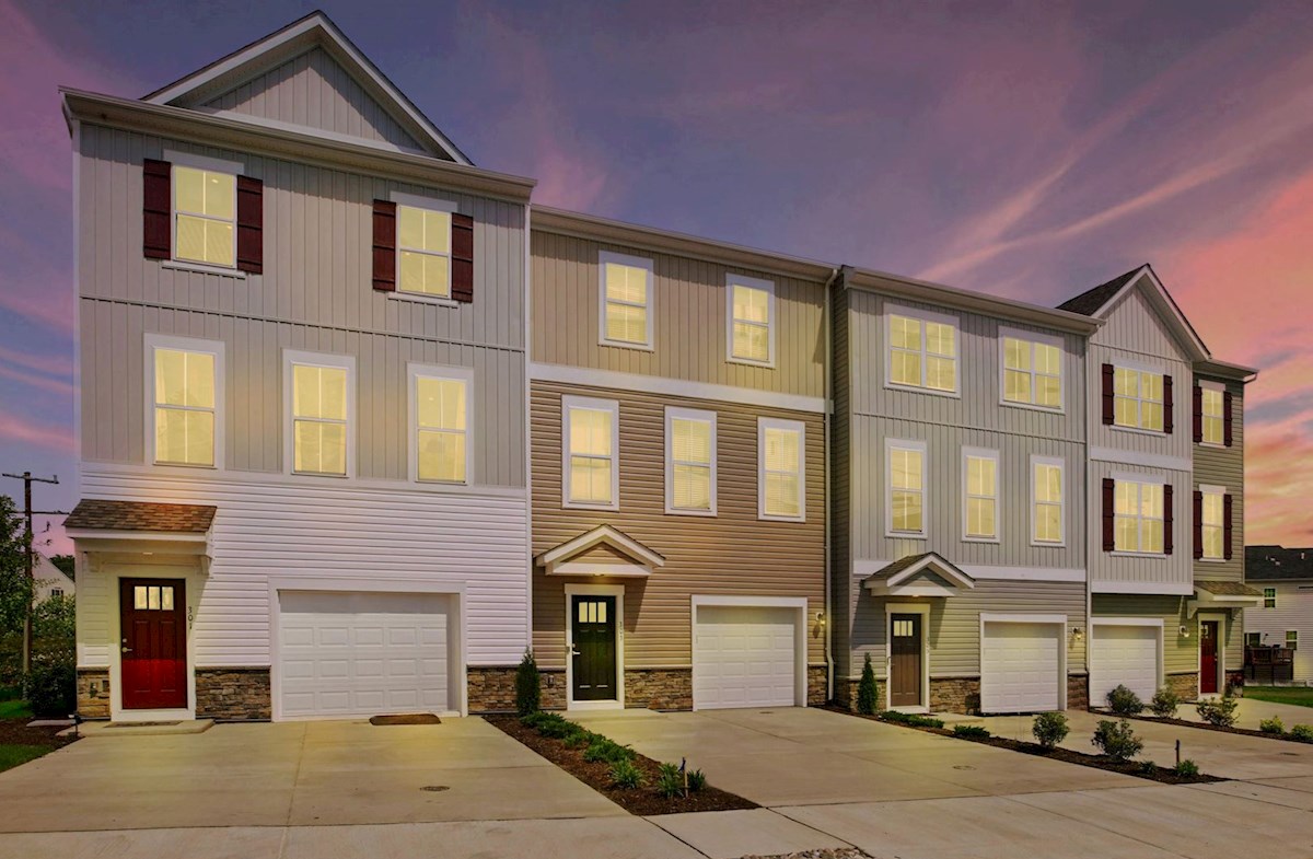 dusk front exterior of townhomes