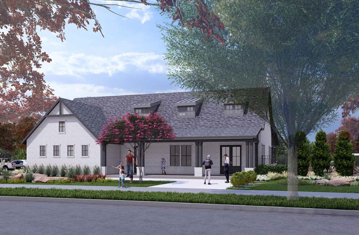 Rendering of white brick clubhouse