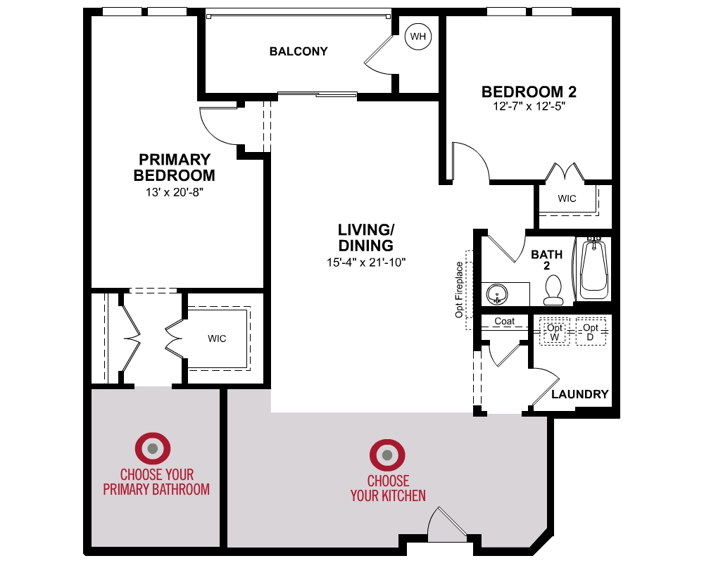 1st Floor of floorplan of Clifton with 2 bedrooms and 2 bathrooms. Gray color shown represents Room Choice options.