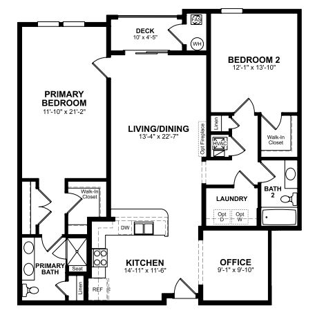 1st Floor of floorplan of Austin with 2 bedrooms and 2 bathrooms. Gray color shown represents Room Choice options.