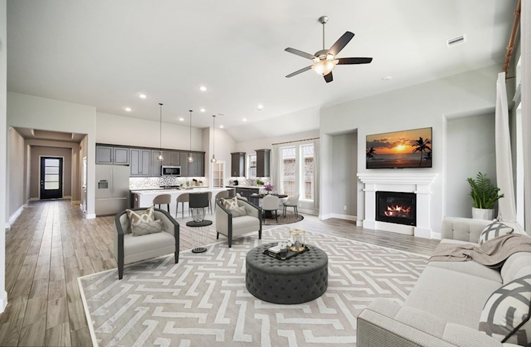 Crockett great room with wood-like tile and fireplace