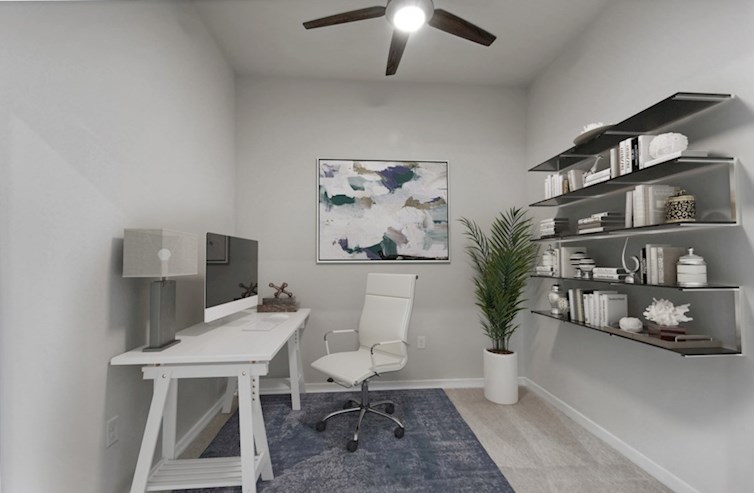 Austin carpeted office with blue area rug, white desk, office chair, plant, wall art, ceiling fan, and book shelves
