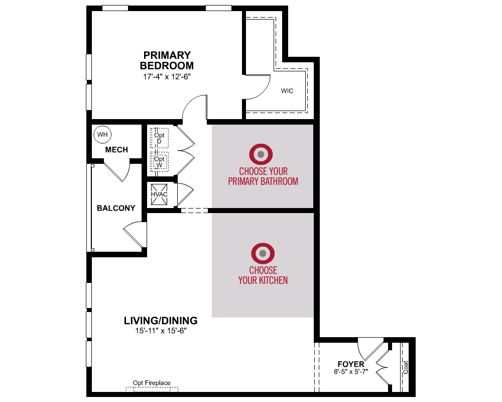 1st Floor of floorplan of Cambrose with 1 bedrooms and 1 bathrooms. Gray color shown represents Room Choice options.
