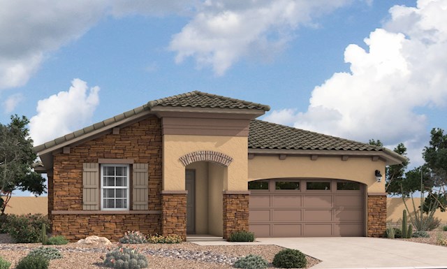 single-story home with a two-car garage, desert landscape, and open-concept floorplan