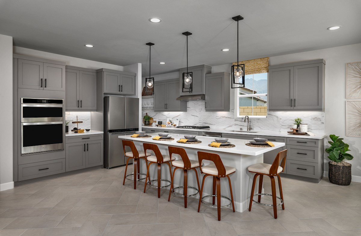 kitchen with large island and gray cabinets