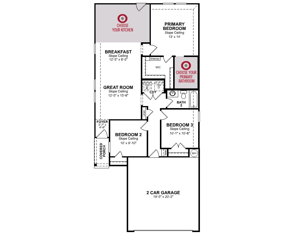 1st Floor floorplan of Hays with 3 bedrooms and 2 bathrooms. Gray color shown represents Room Choice options.