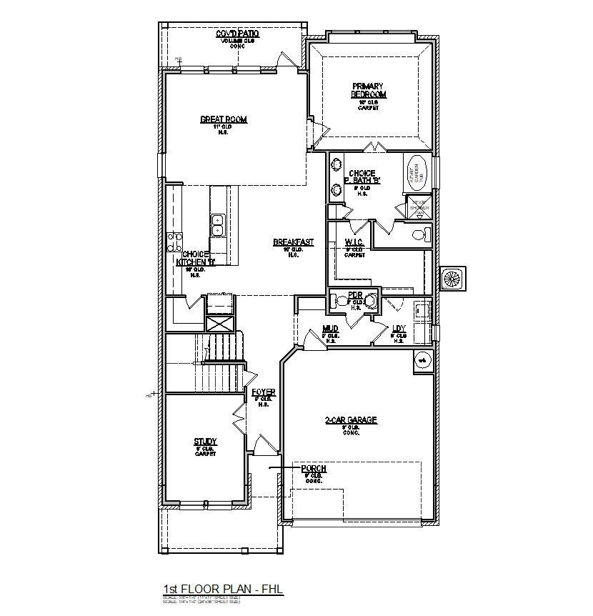 1st Floor floorplan of Meridian with 4 bedrooms and 2.5 bathrooms. Gray color shown represents Room Choice options.