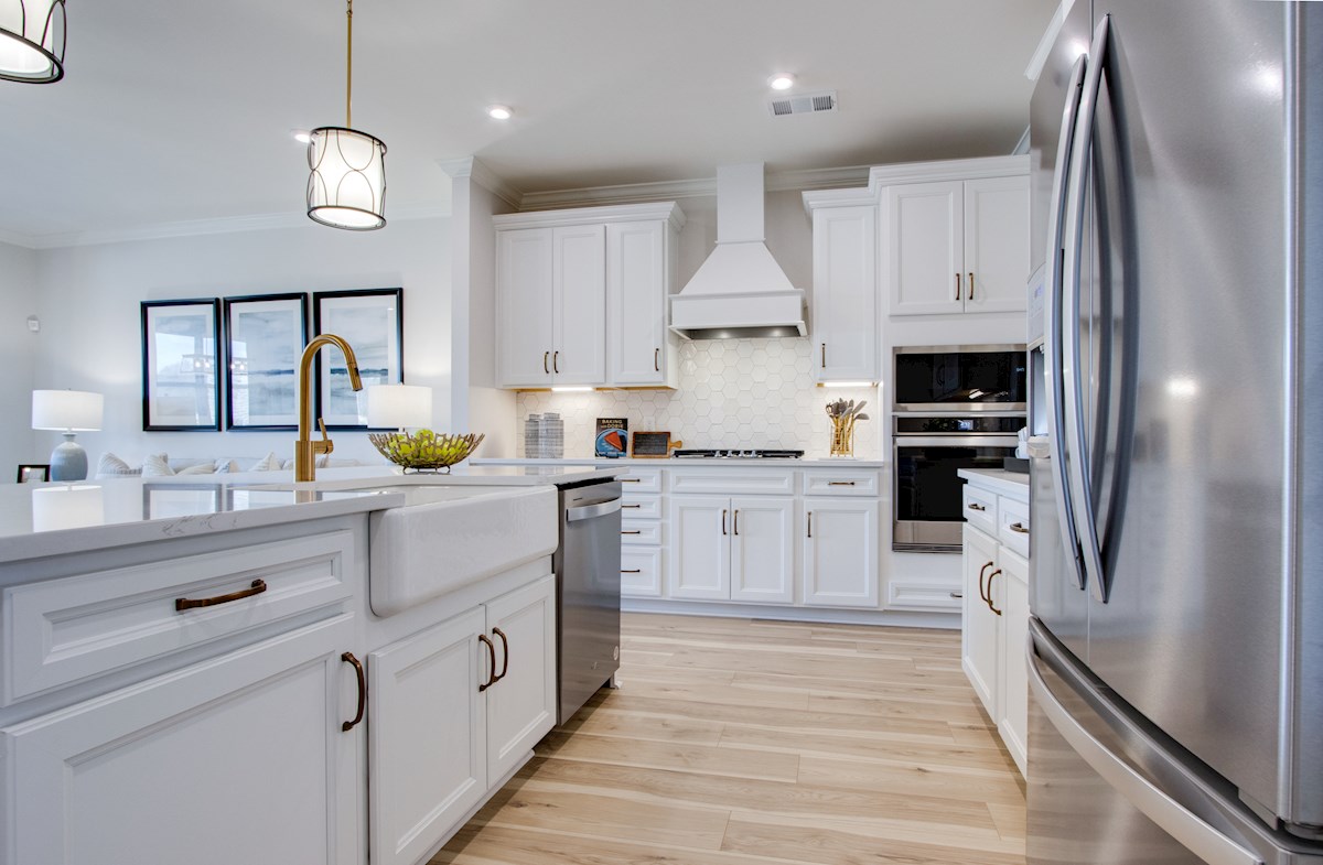 kitchen with farm sink and gold fixtures