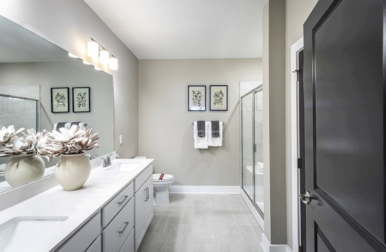 Dorset primary bathroom with gray accents & separate shower & tub