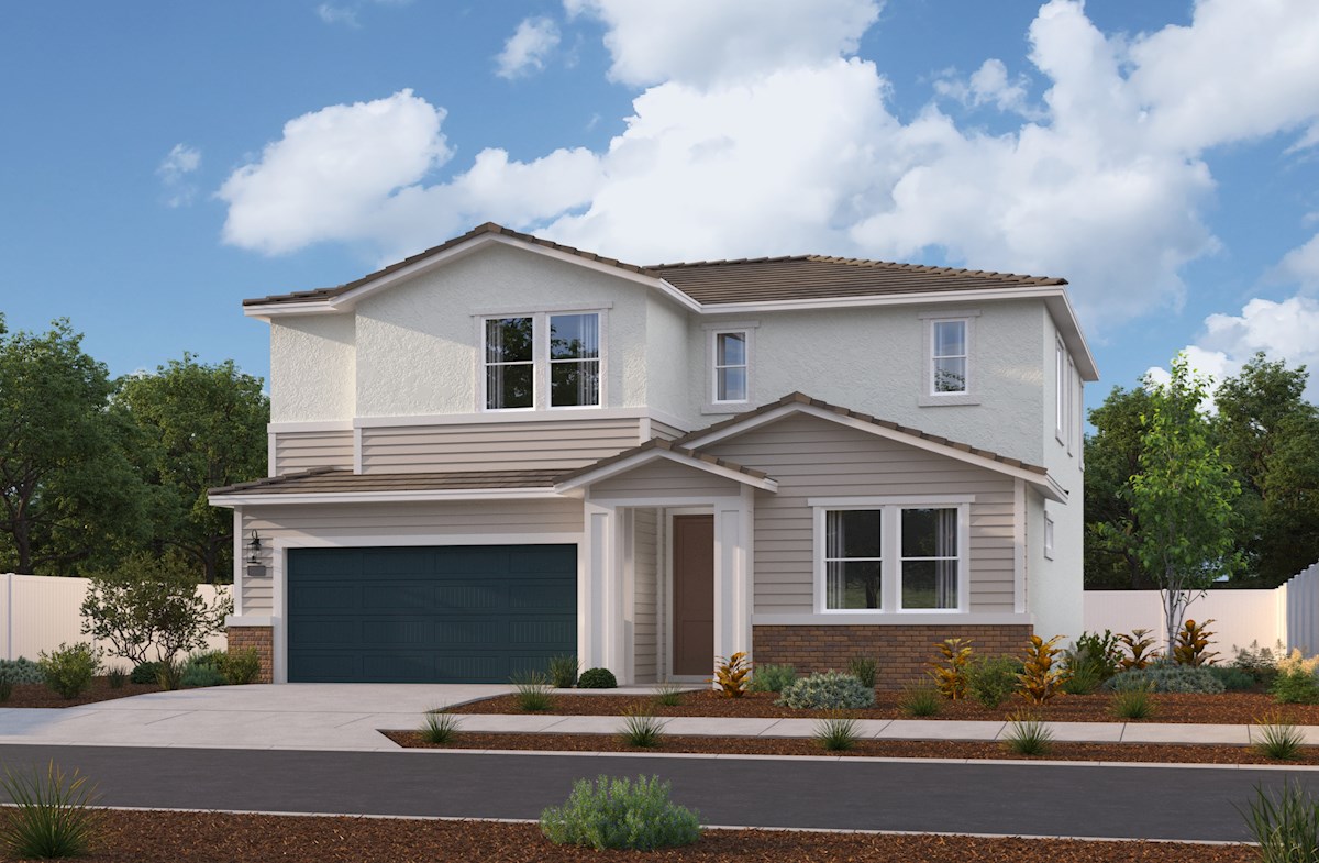 rendering of two-story off-white home with garage