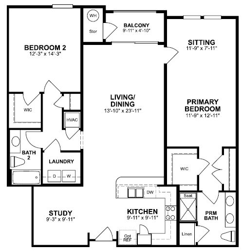 1st Floor of floorplan of Aspen with Study with 2 bedrooms and 2 bathrooms. Gray color shown represents Room Choice options.