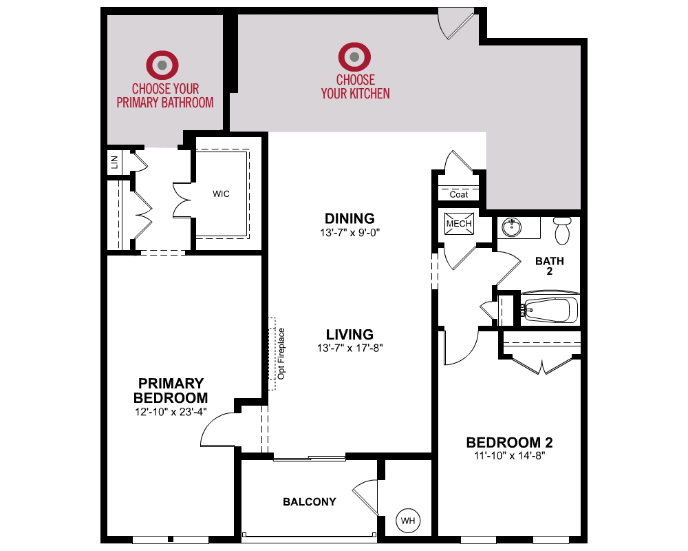 1st Floor of floorplan of Dorset with 2 bedrooms and 2 bathrooms. Gray color shown represents Room Choice options.